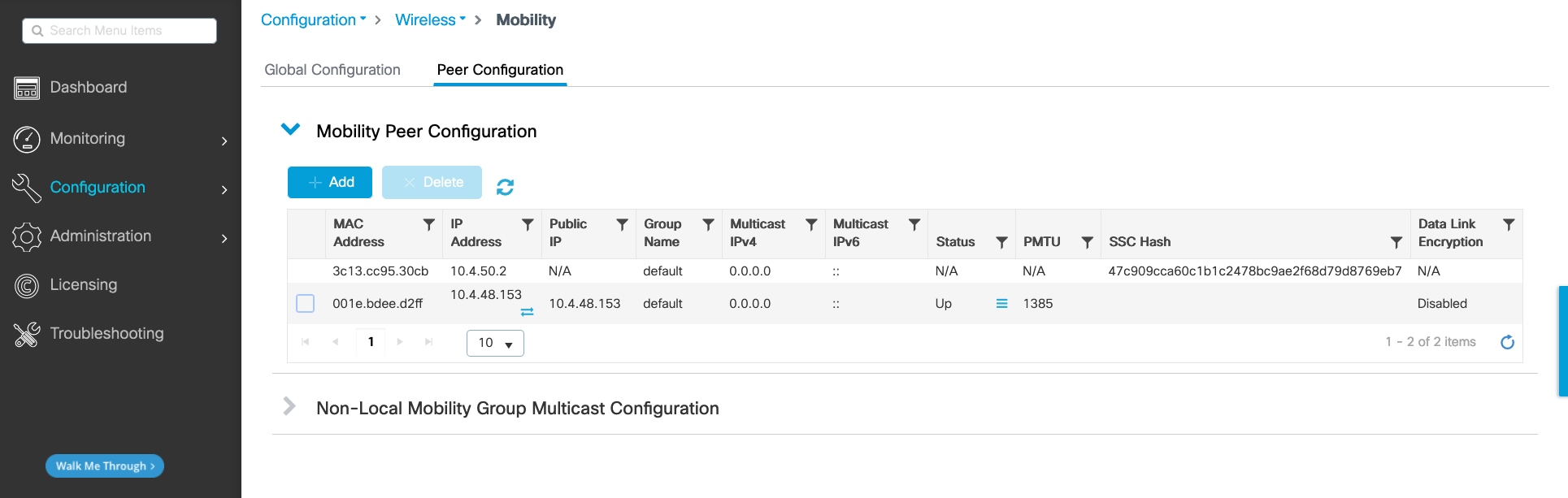 The mobility peer configuration table for the foreign controller displays a MAC address, IP address, public IP, group name, multicast IPv4, multicast IPv6, status, PMTU, SSC hash, and data link encryption.