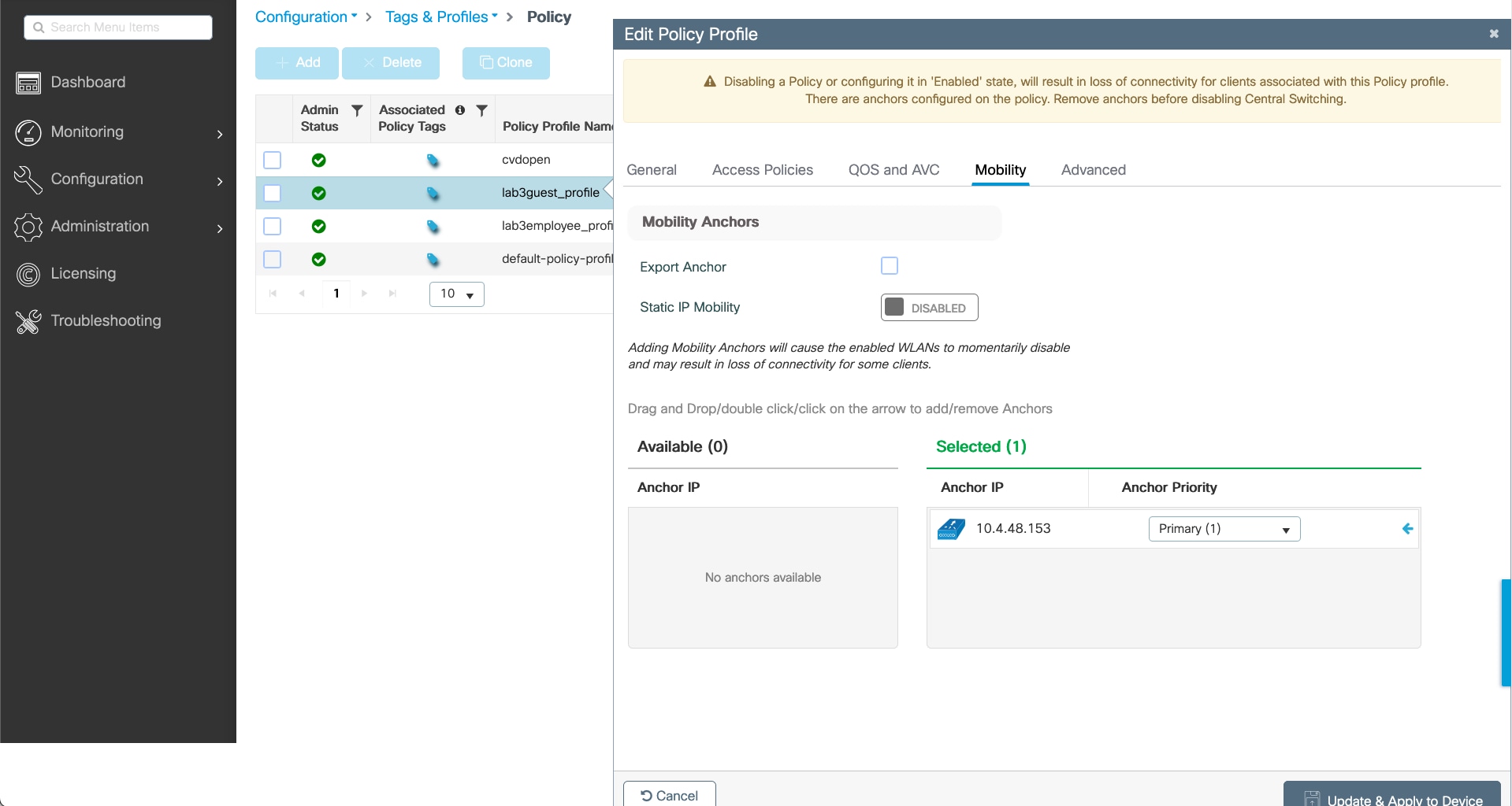 The mobility settings for the foreign controller include the export anchor, static IP mobility, anchor IP, and anchor priority.