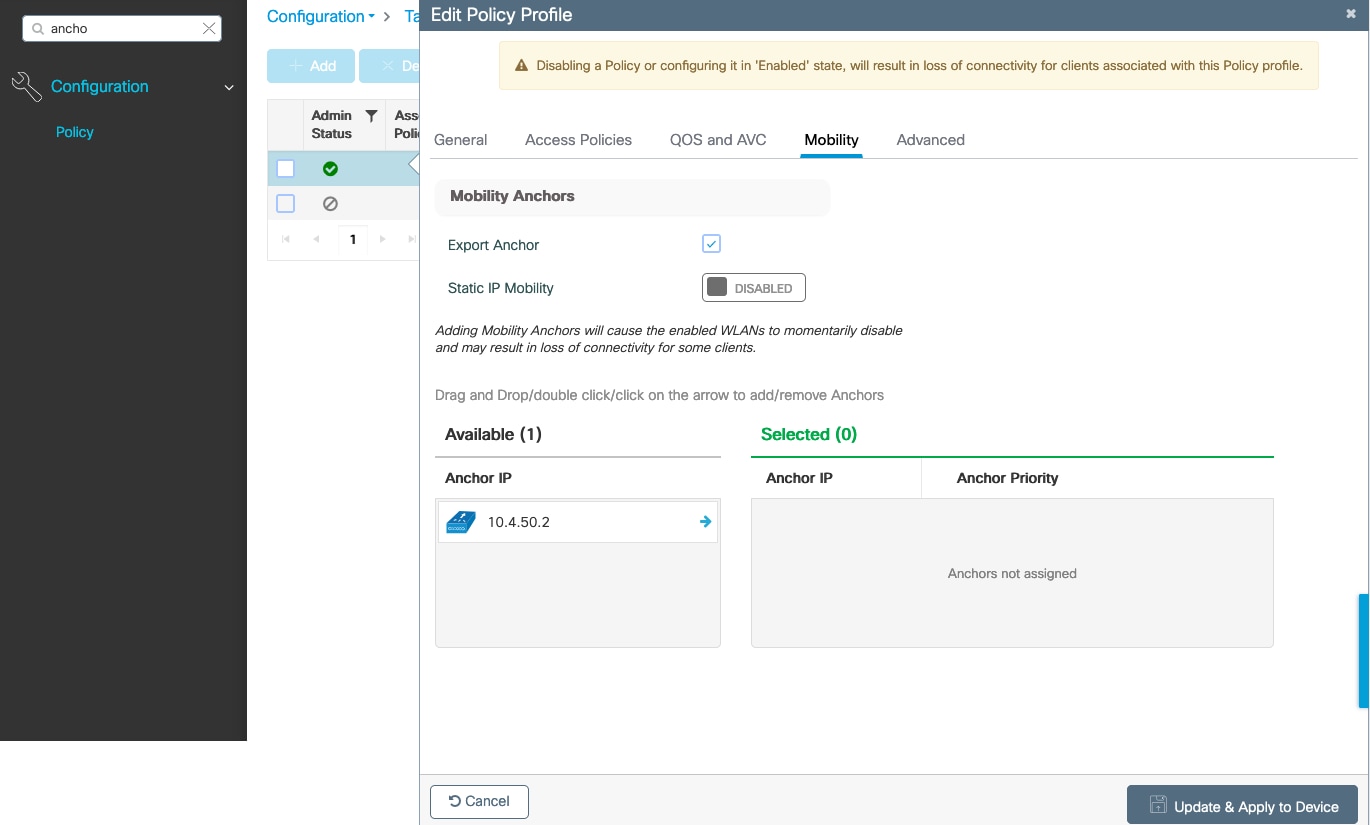 The mobility settings for the anchor controller include the export anchor, static IP mobility, anchor IP, and anchor priority.