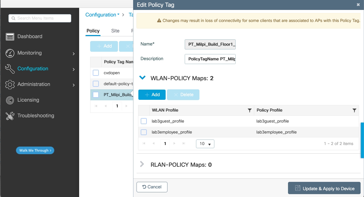 The Edit Policy Tag dialog box shows the WLAN profiles and policy profiles, with the option to update and apply to the device.