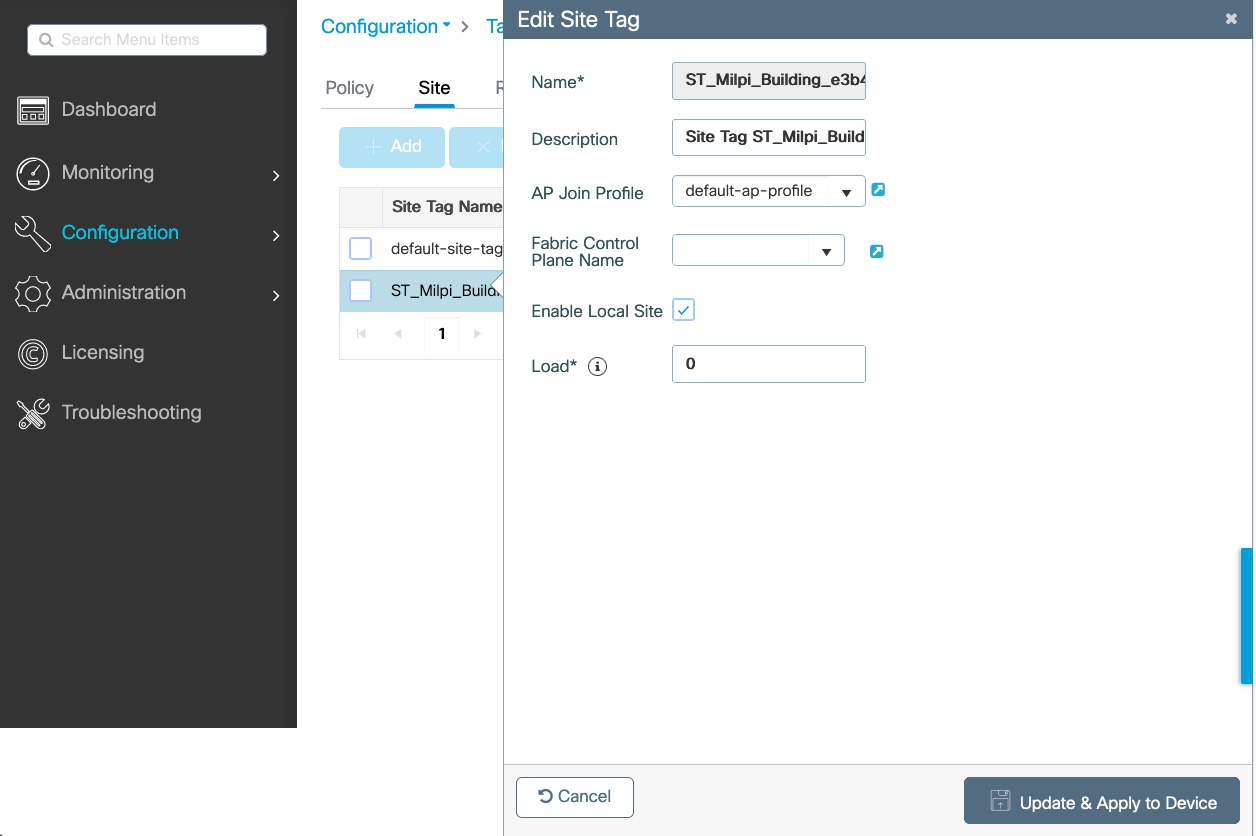 The Edit Site tag dialog box shows the name, description, AP join profile, fabric control plane name, option to enable local site, and load, with the option to update and apply to the device.