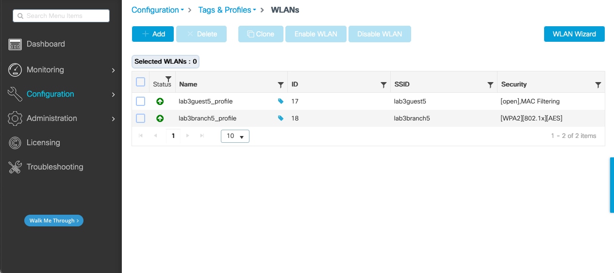 The WLAN window shows the configurations saved by Catalyst Center in the web-based GUI of the device.
