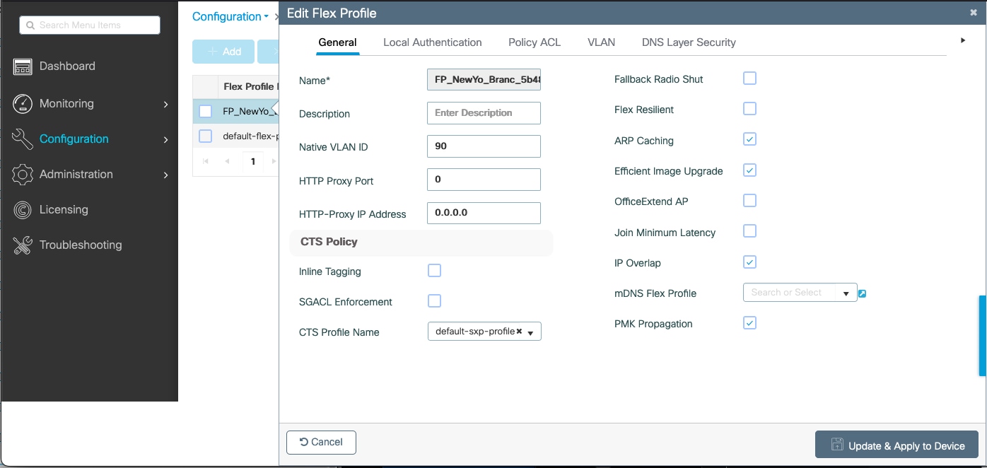 The Edit Flex Profile dialog box shows the available configurations for a flex profile.
