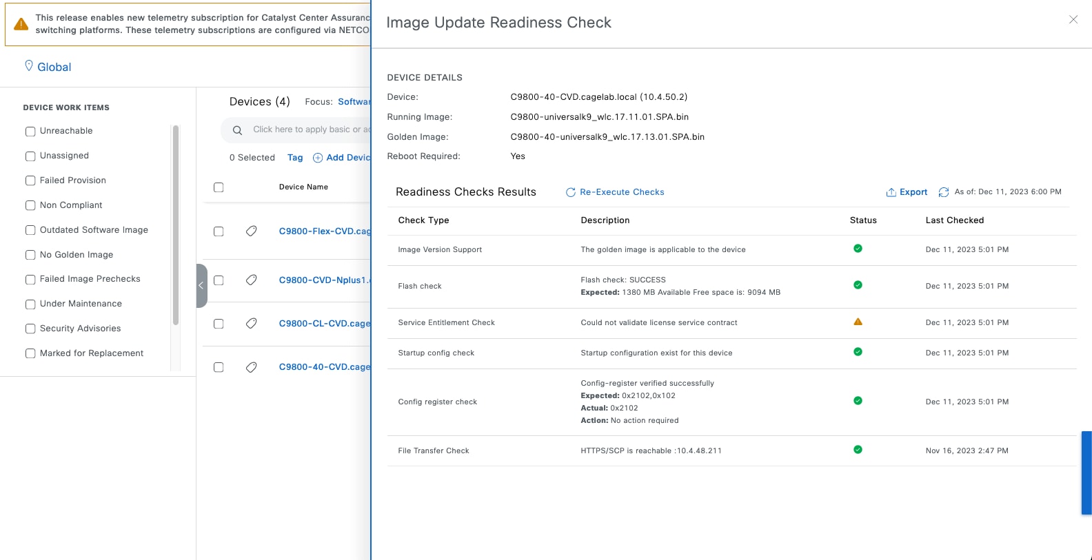 The Image Update Readiness Check slide-in pane shows the device details and readiness checks results.