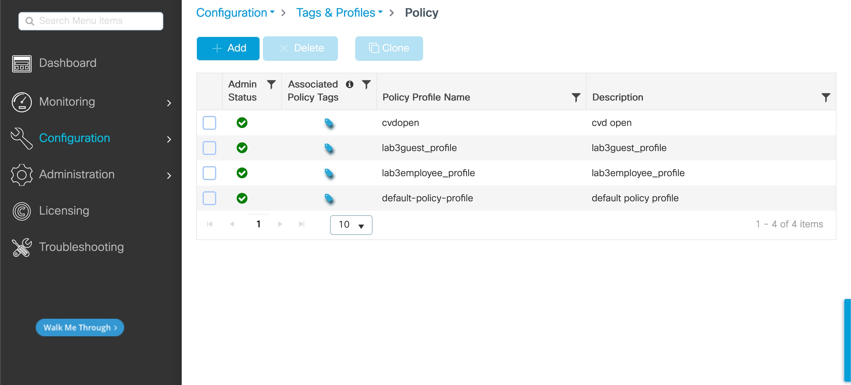 The Policy Profile Configuration page shows the admin status, associated policy tags, policy profile name, and description for each policy.