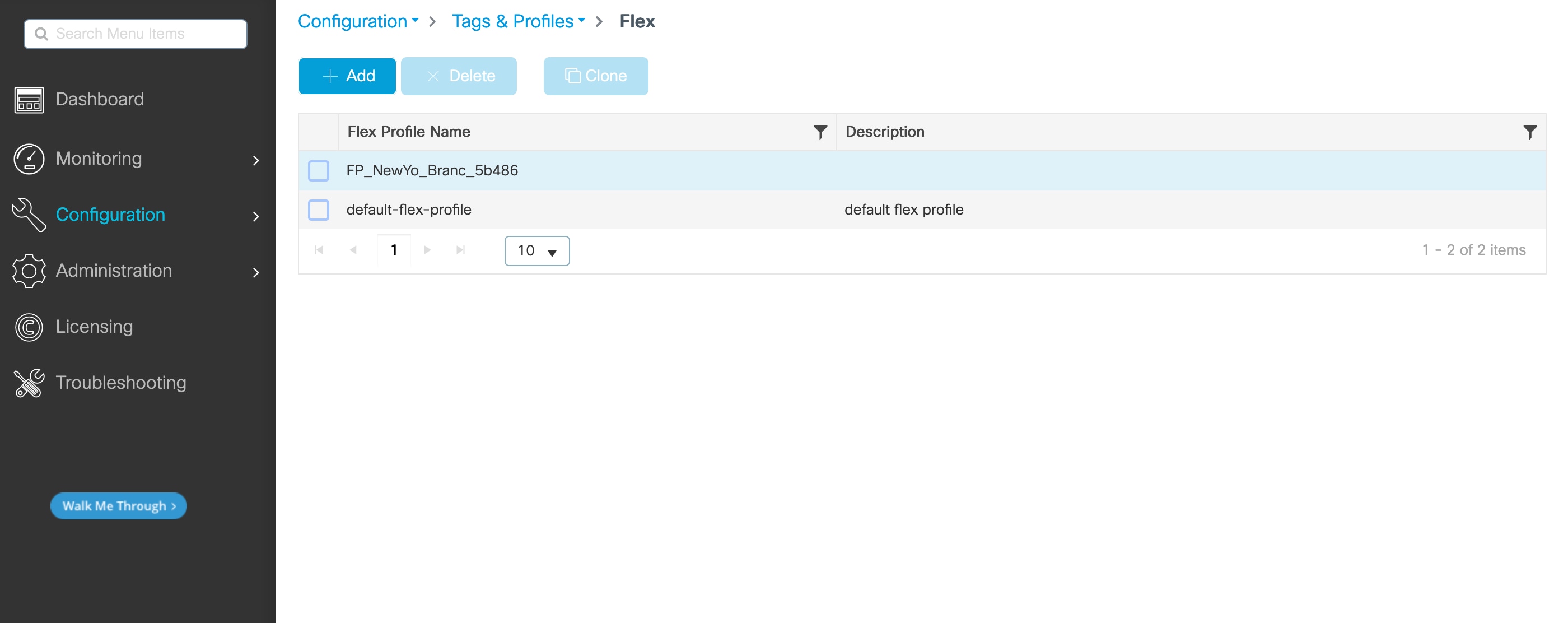 The Flex window shows the flex profiles created by Catalyst Center.