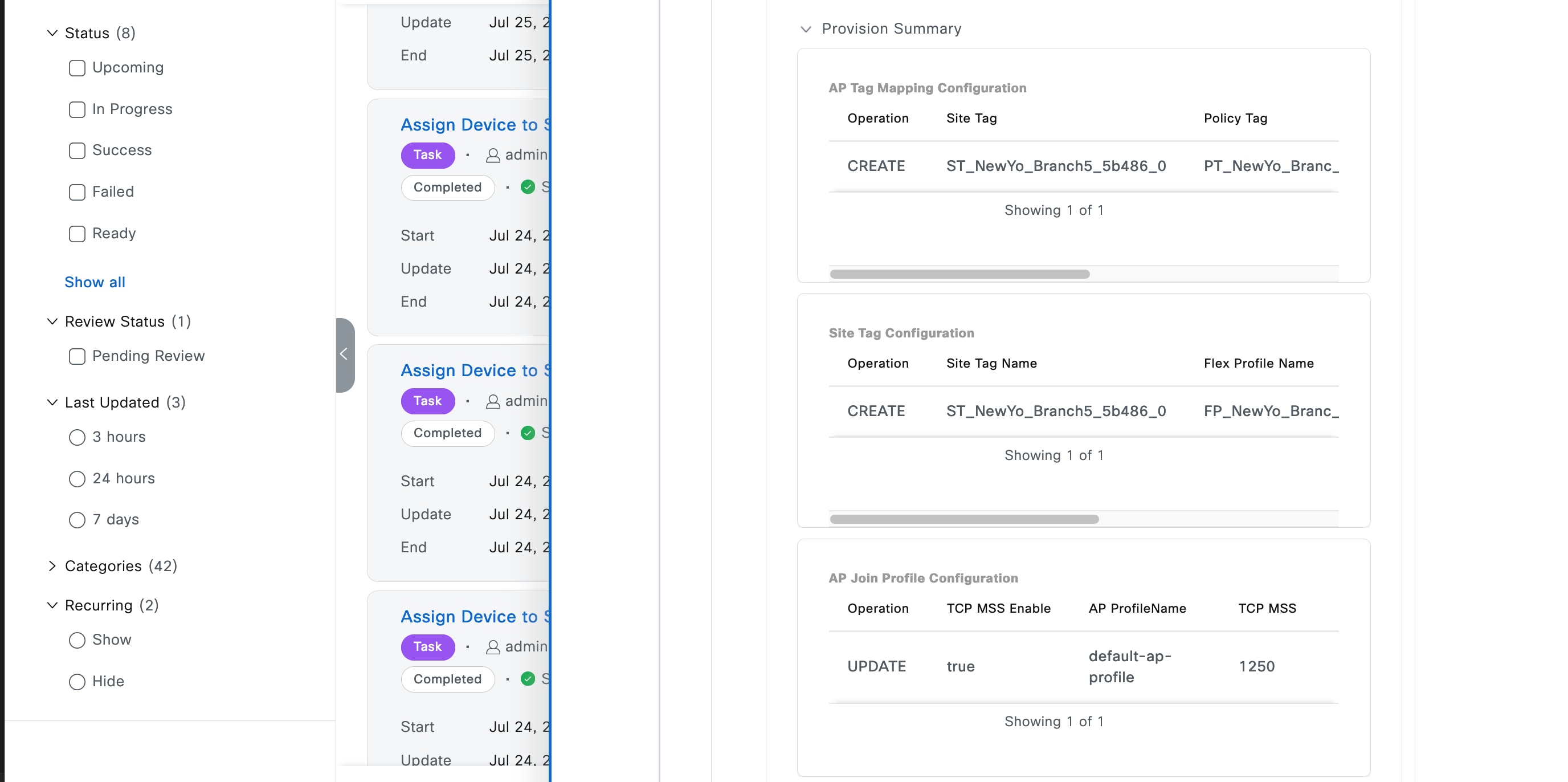 The Provision Summary drop-down menu shows the AP tag mapping configuration, site tag configuration, and AP join profile configuration.