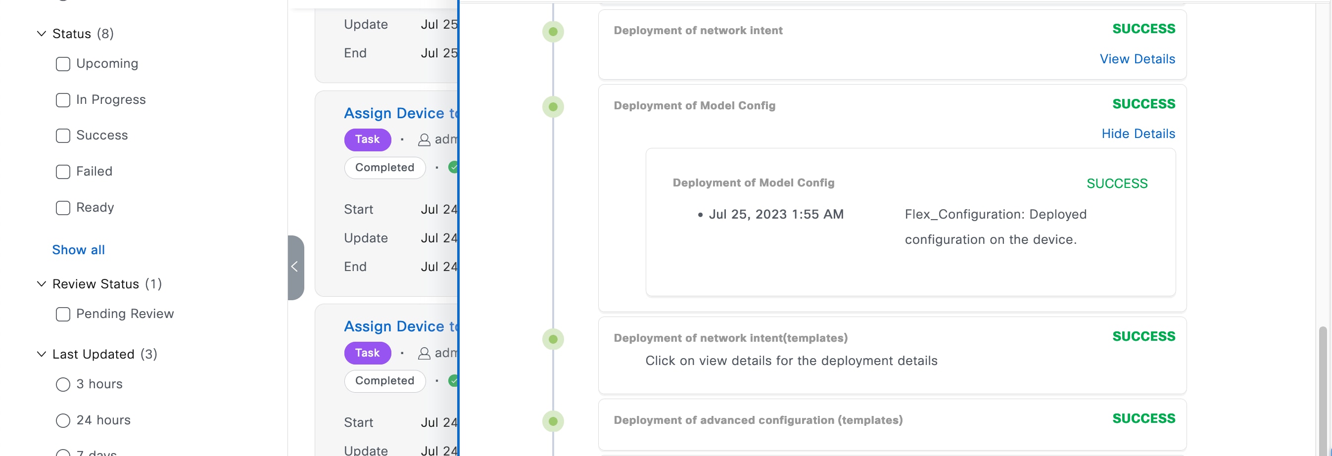 A success message is shown for the deployment of the model config.
