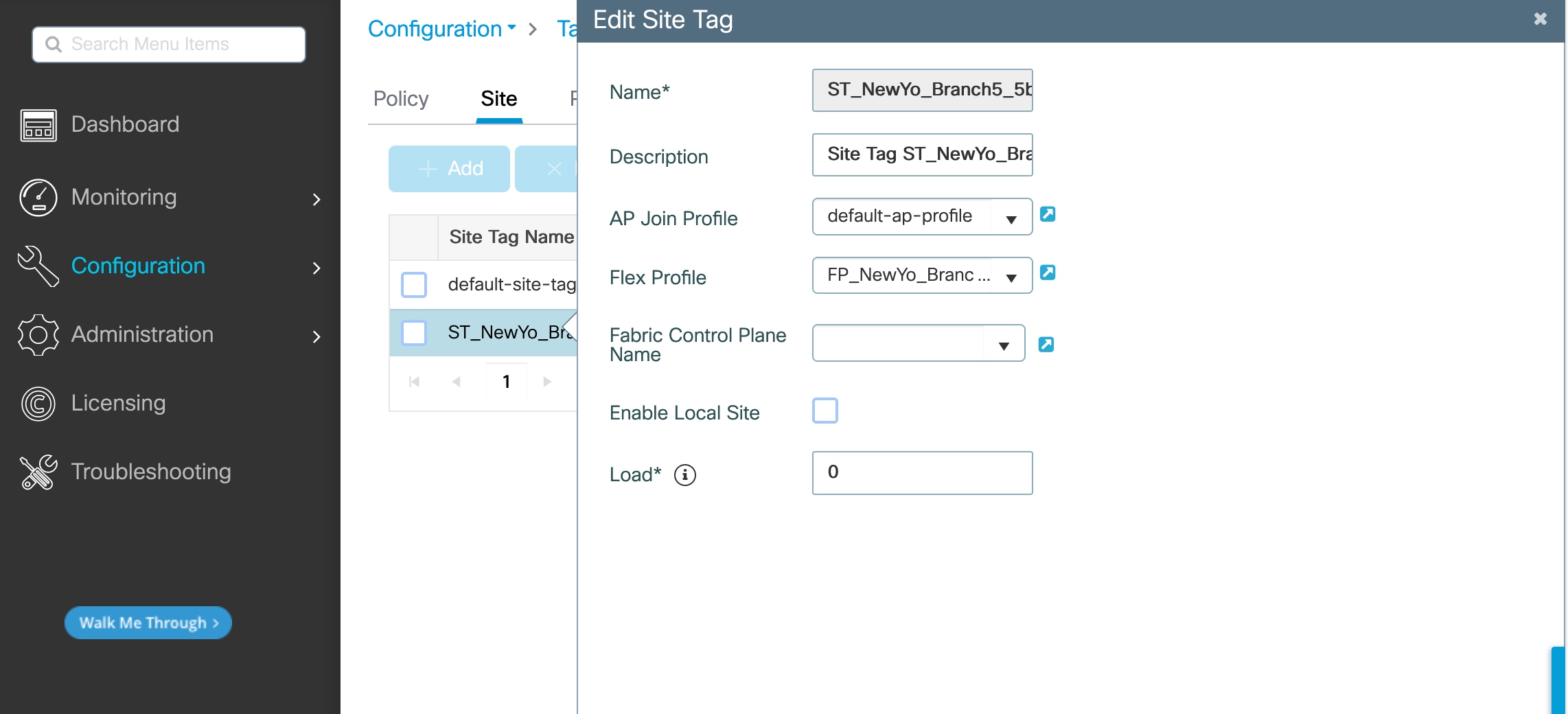 The Edit Site Tag dialog box shows the configurable settings for a site tag.