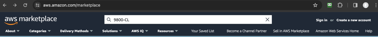 The AWS Marketplace search bar, with a search for 9800-CL.