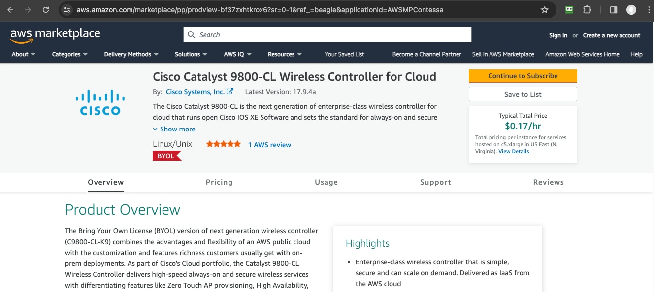 The product overview provides a description, pricing, usage, support, and reviews for the Cisco Catalyst 9800-CL Wireless Controller for Cloud.