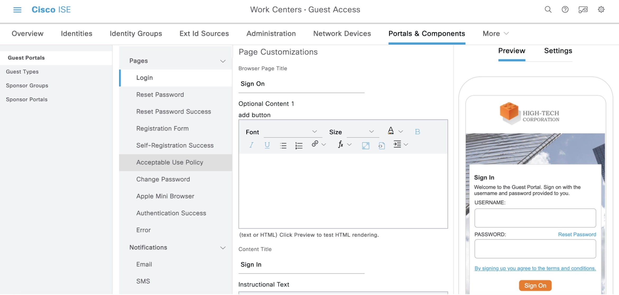 The Guest Portal Preview shows the available page customizations.