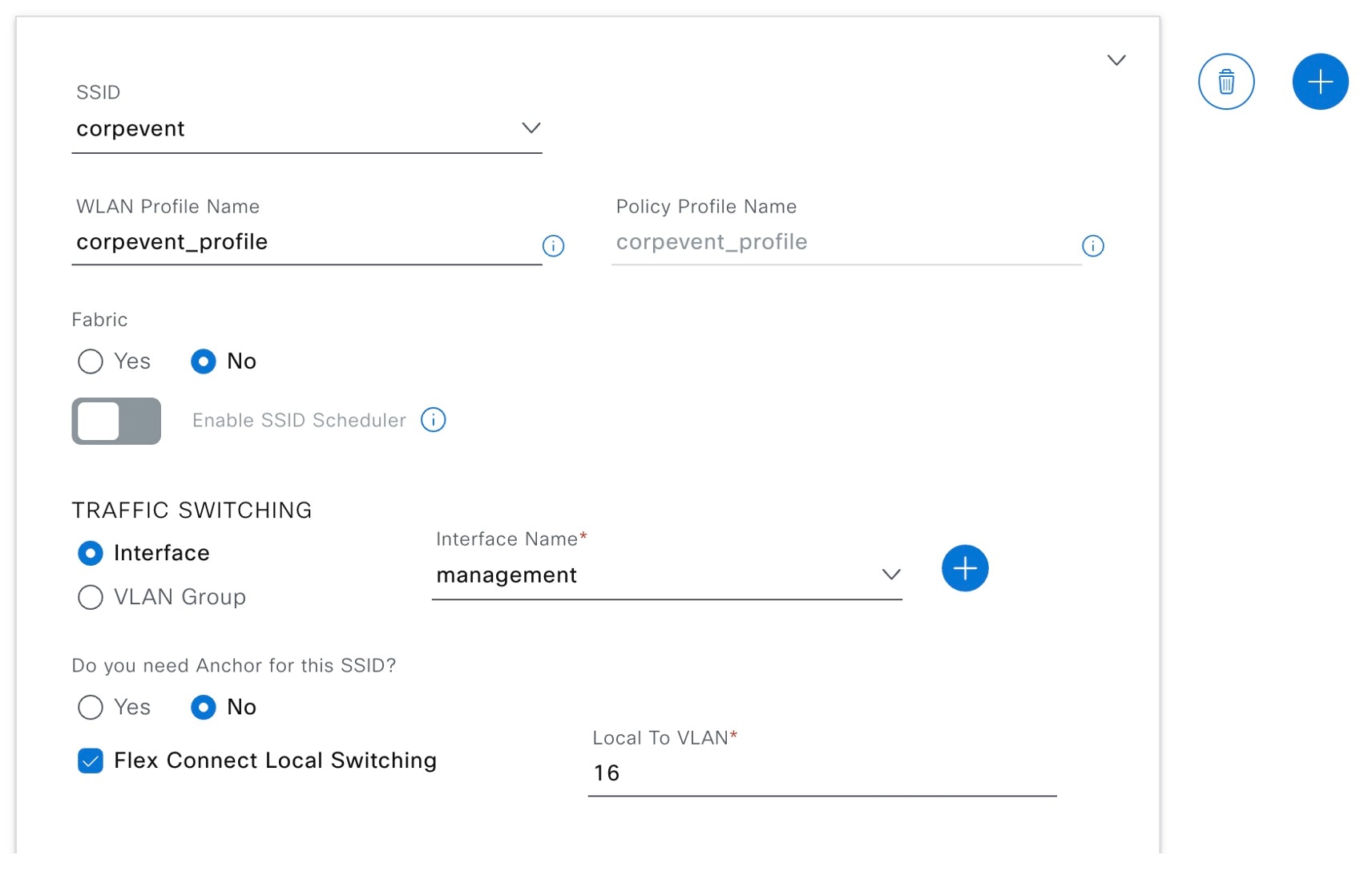 The SSID configurable settings include WLAN profile name, fabric option, interface option, anchor, and FlexConnect local switching.