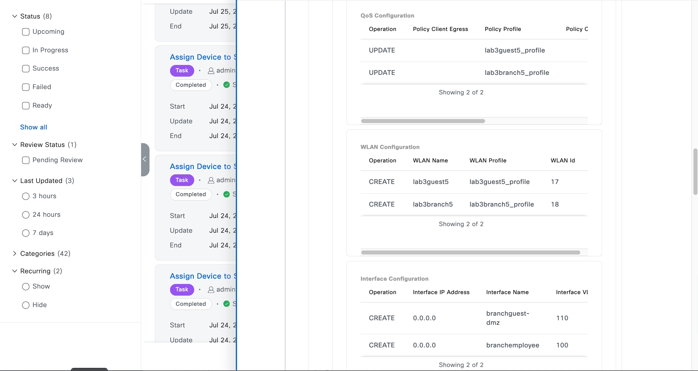 The Provision Summary drop-down menu shows the QoS configuration, WLAN configuration, and interface configuration.