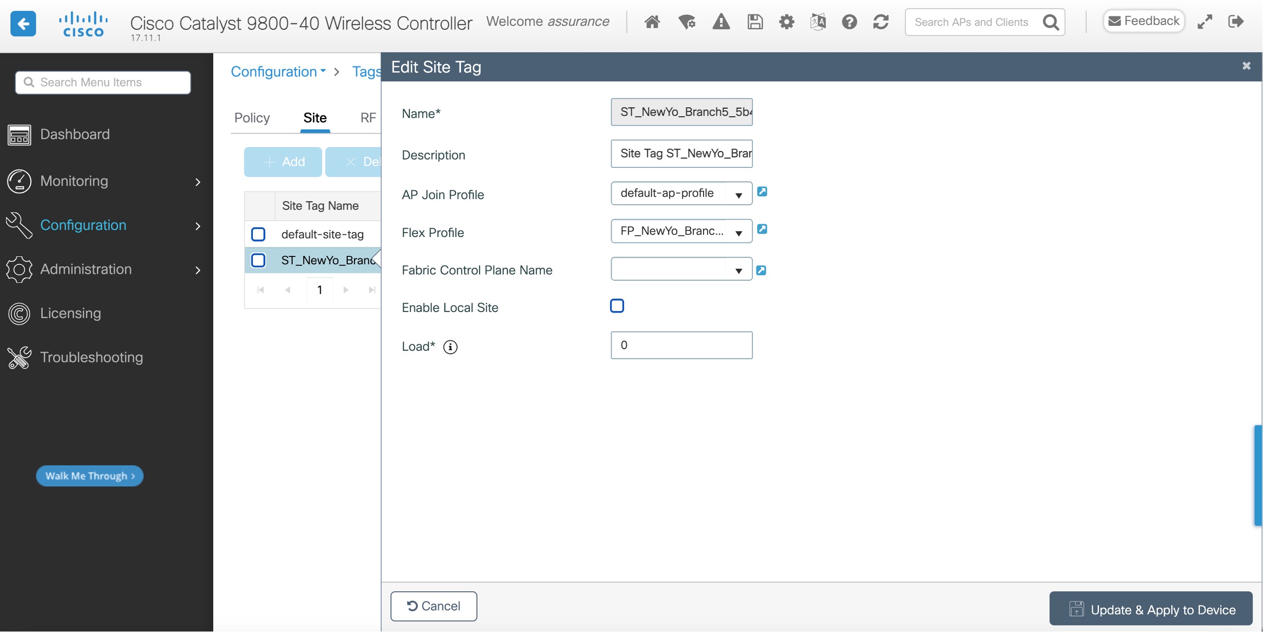 The Edit Site Tag dialog box shows the following editable fields: name, description, AP join profile, flex profile, fabric control plane name, option to enable local site, and load.