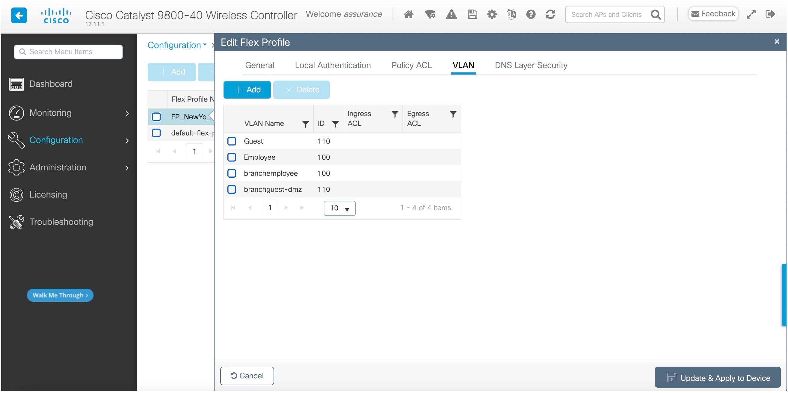 The VLAN tab in the Edit Flex Profile dialog box.