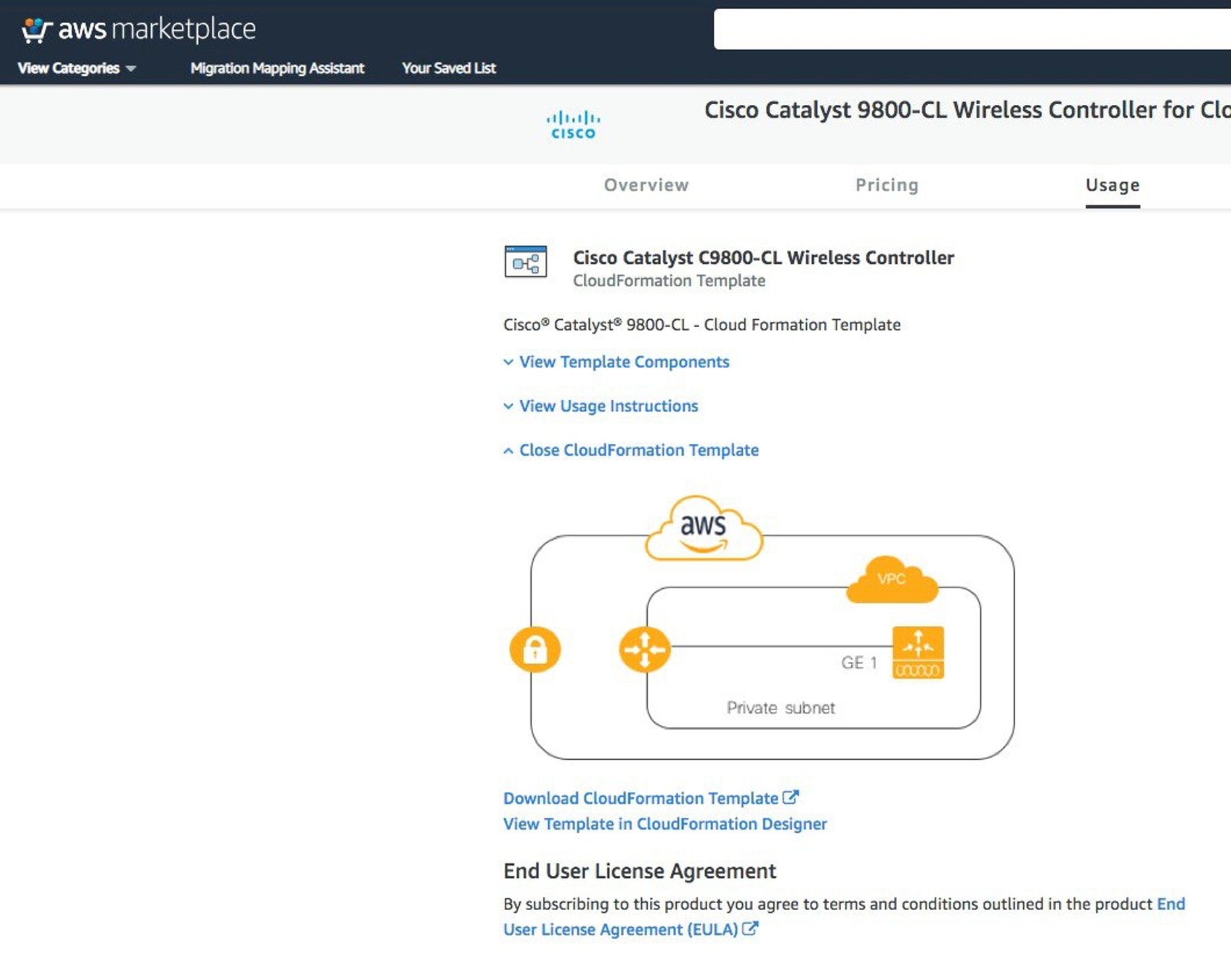 The CloudFormation Template page provides the template components, usage instructions, and end user license agreement.