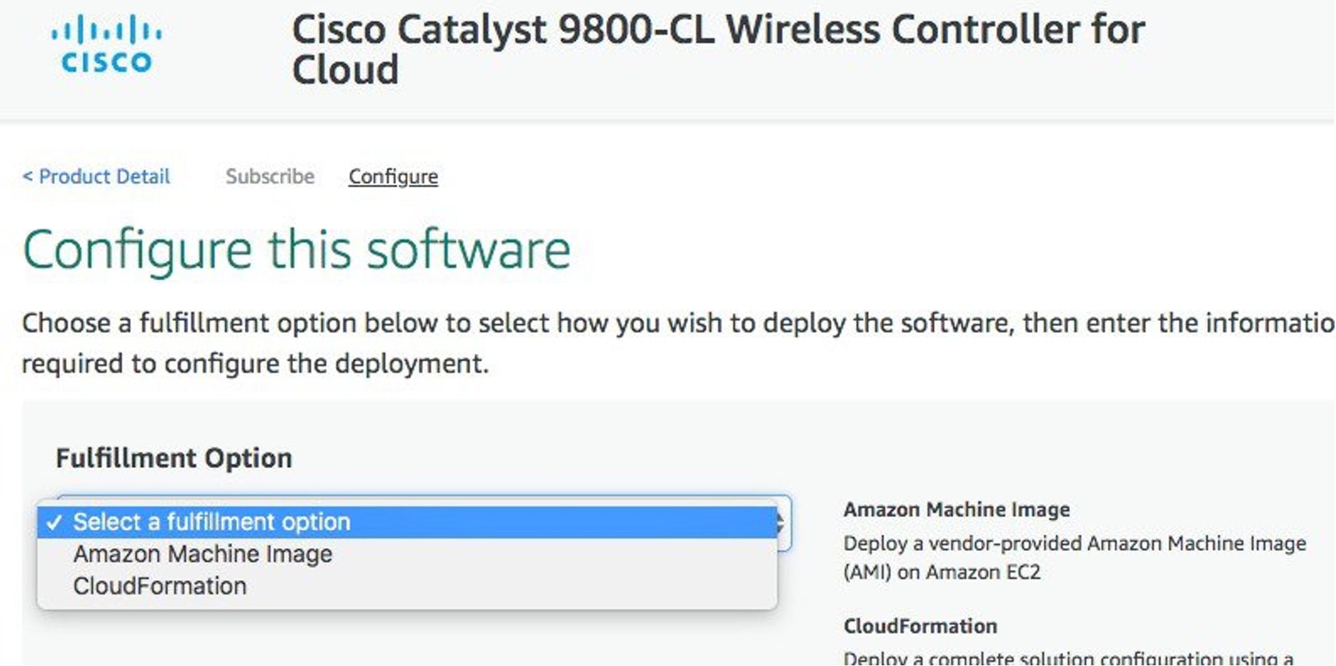 The fulfillment options include Amazon Machine Image and CloudFormation.