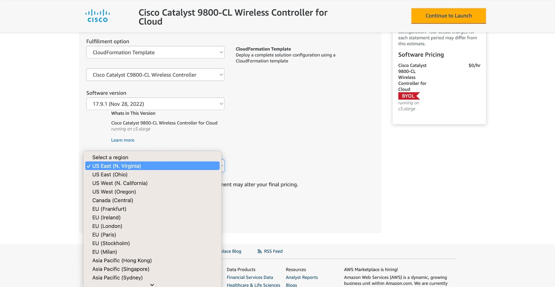 The fulfillment option, software version, and region options for the Cisco Catalyst 9800-CL Wireless Controller for Cloud.