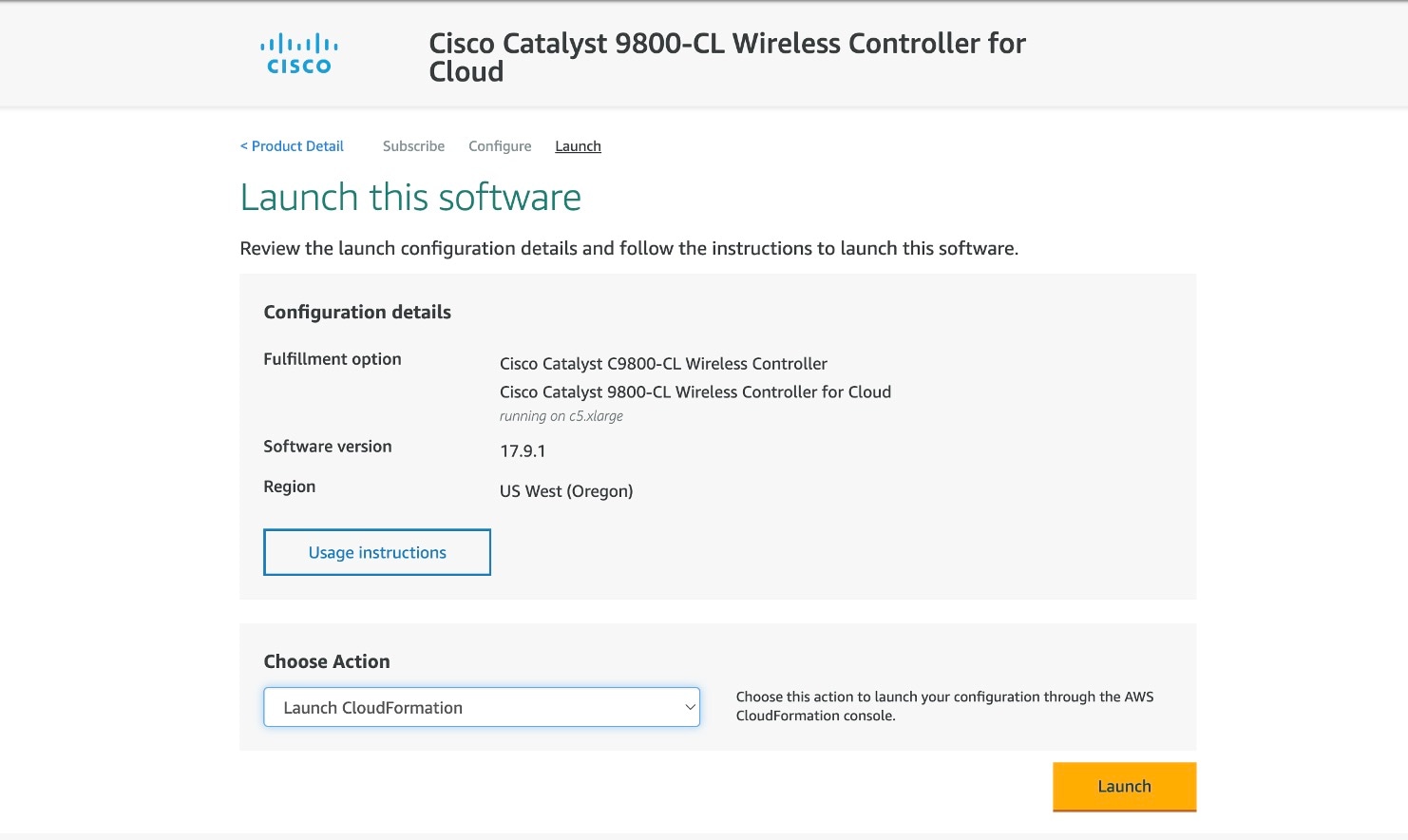 The launch option is displayed along with the configurations selected for fulfillment, software, and region.