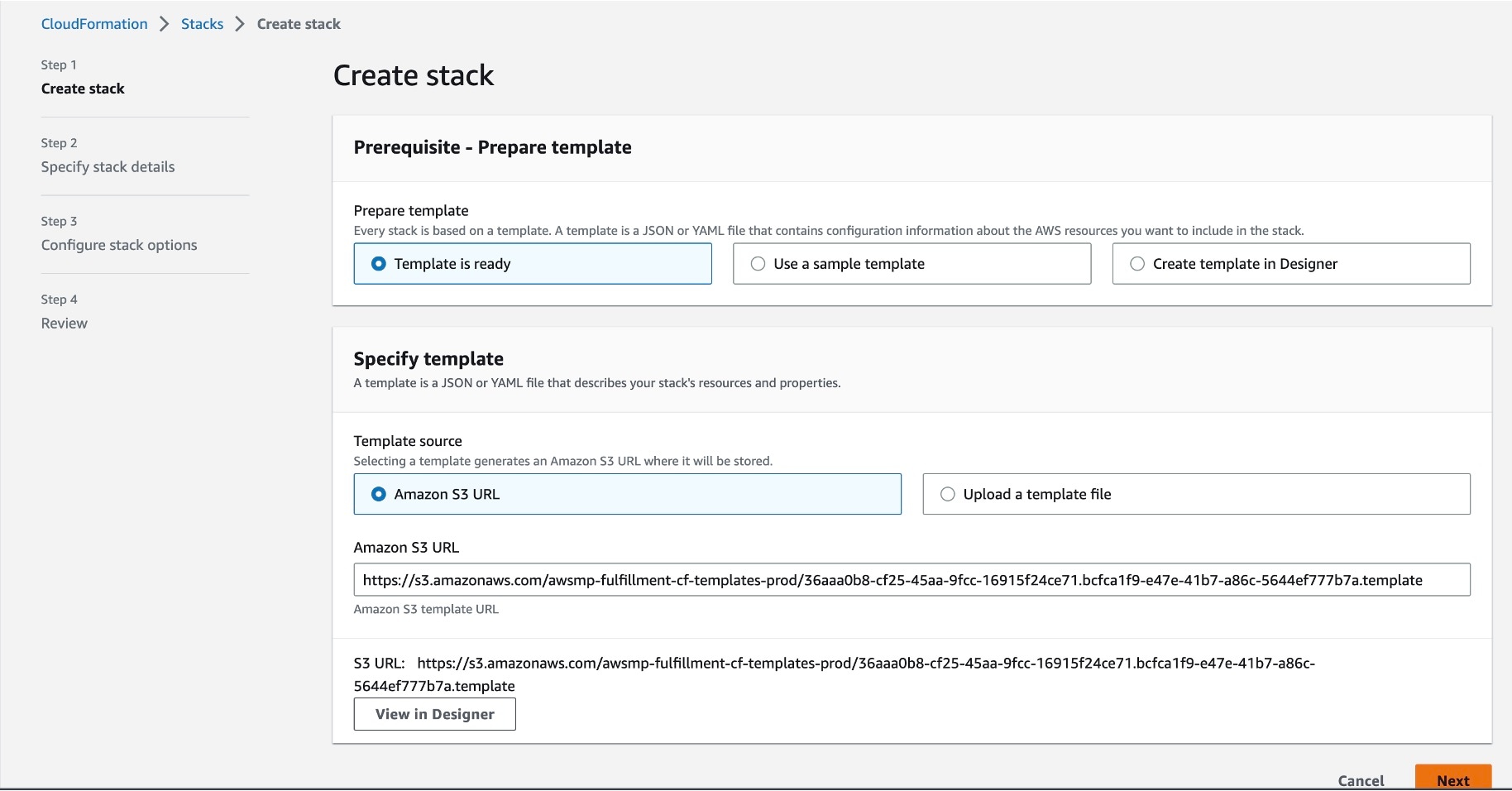 The Create stack window shows the Prerequisite - Prepare template section and the specify template section.