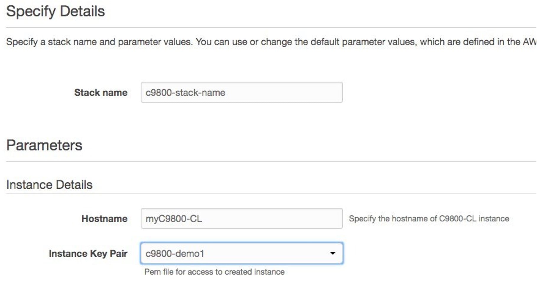 The Specify Details page allows you to name the stack, choose the hostname, and choose the instance key repair.