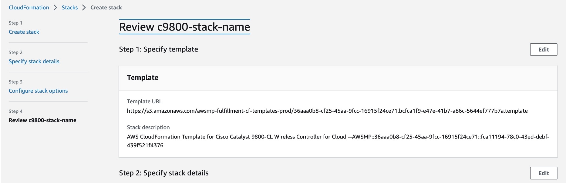 The Template section shows the template URL and stack description.