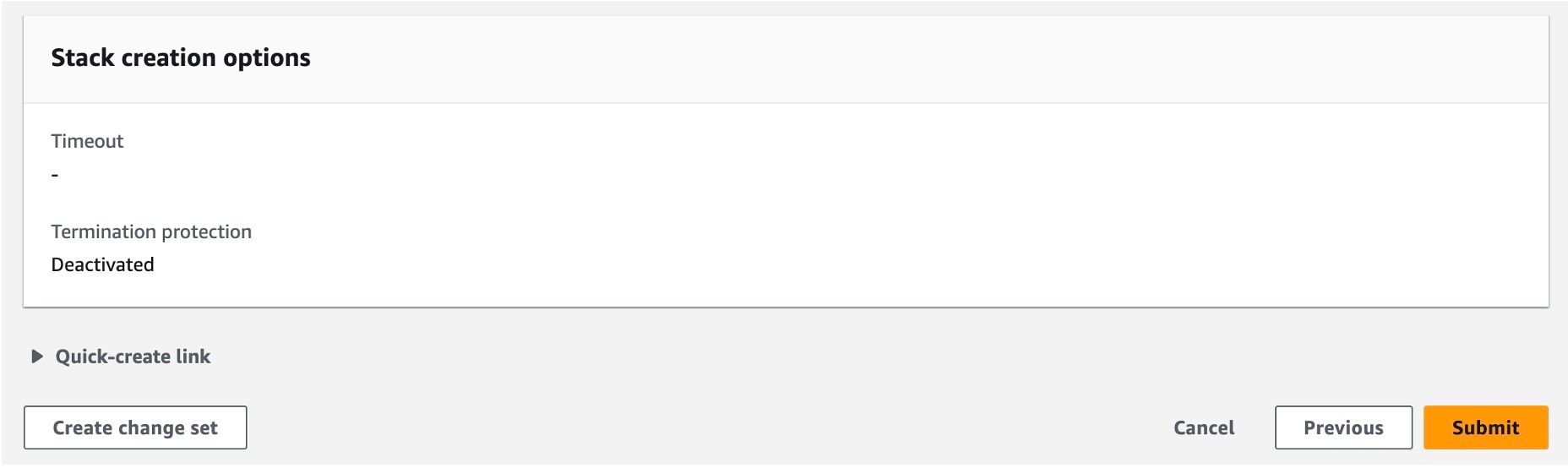 The Stack creation options section shows the timeout and termination protection.