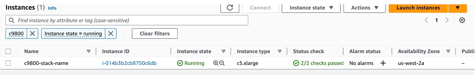 The following information is displayed for each running stack: name, instance ID, instance state, instance type, status check, alarm status, and availability zone.