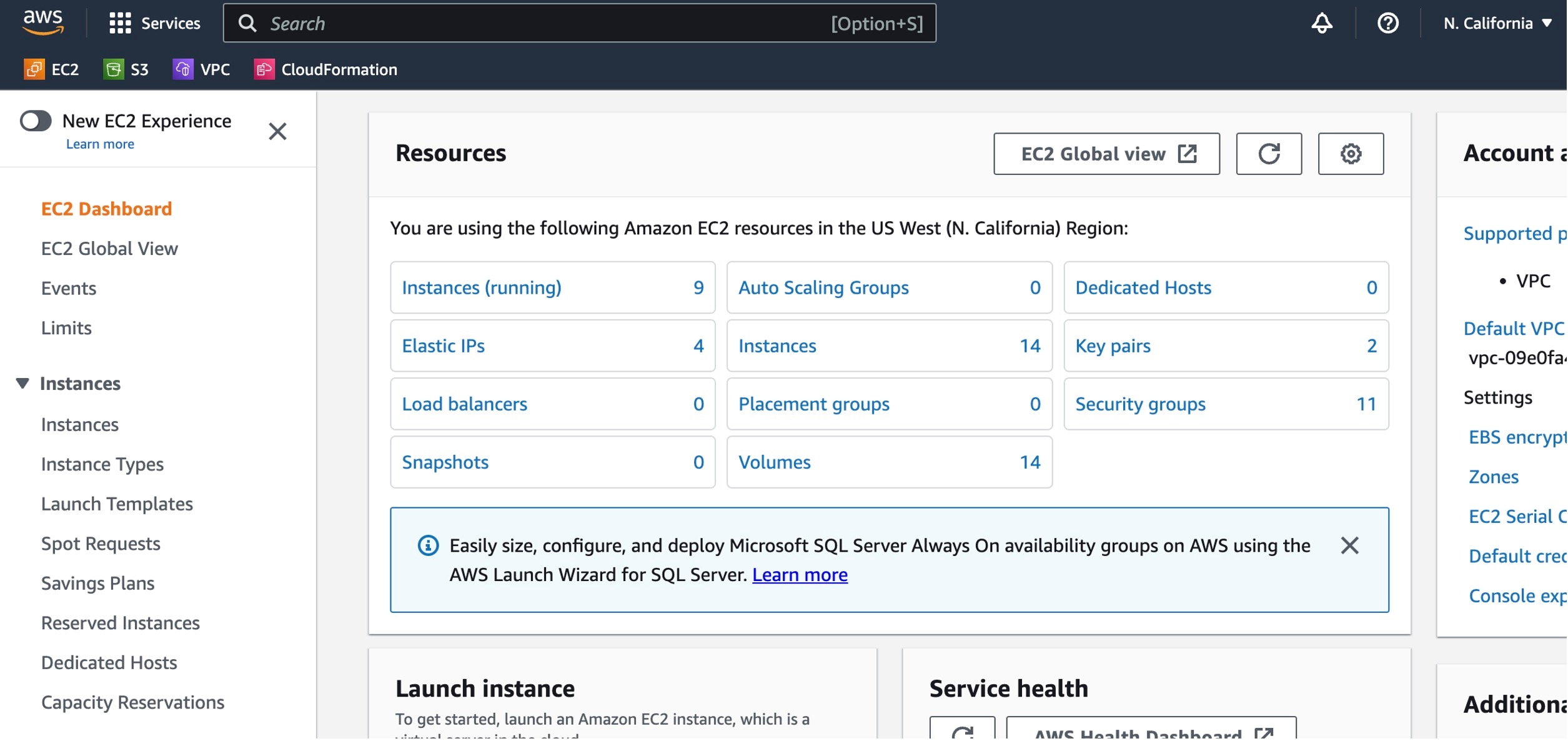 The EC2 dashboard shows the available resources.