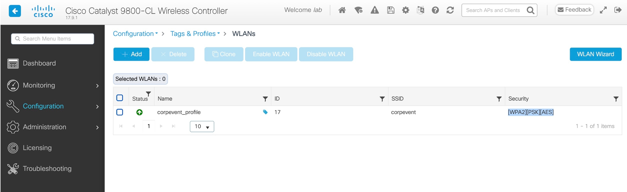 The Catalyst 9800-CL Wireless Controller GUI displays the available WLANs.