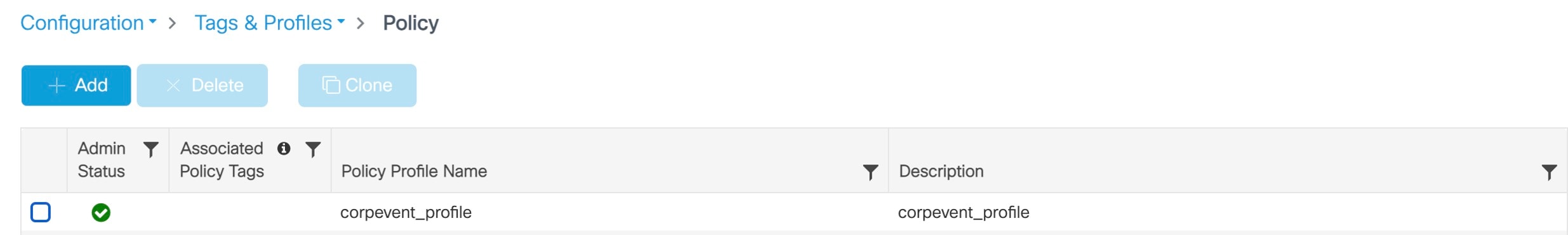 The policy tag with its details: admin status, associated policy tags, policy profile name, and description.