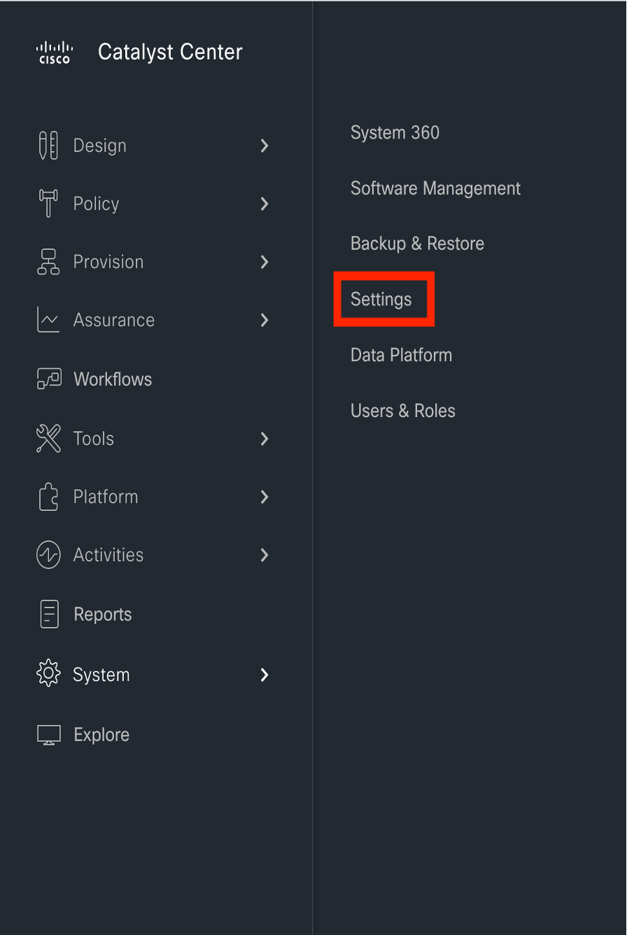 The System menu shows the following options: System 360, Software Management, Backup & Restore, Settings, Data Platform, and Users & Roles, with an emphasis on Settings.