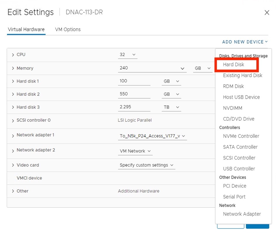 The Hard Disk option in the Add New Device drop-down list.