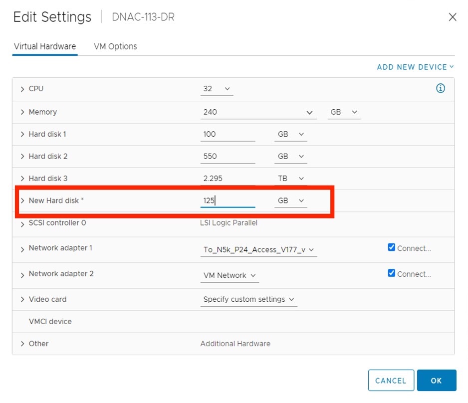 The New Hard disk field shows the storage size set to 125 GB.