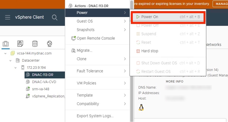 The Power On option is shown in the list of available actions.