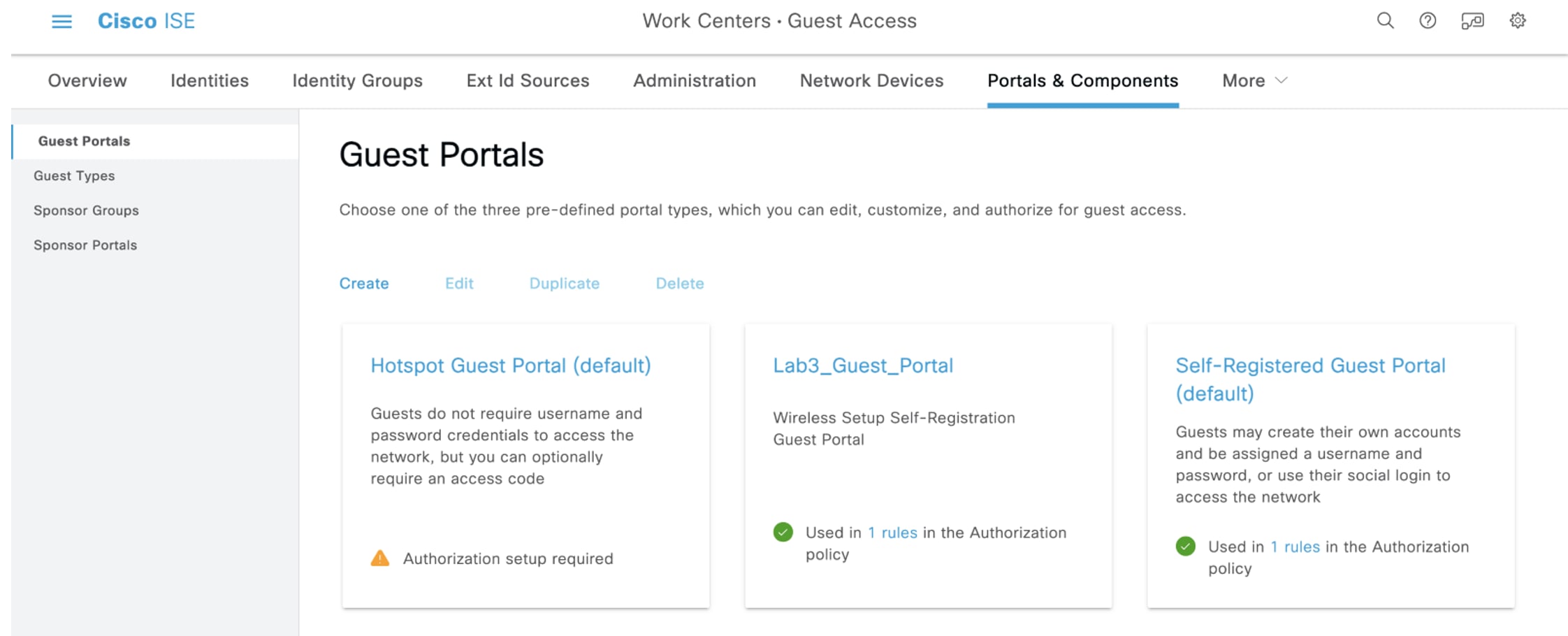 The Guest Portals page shows the three predefined portal types.
