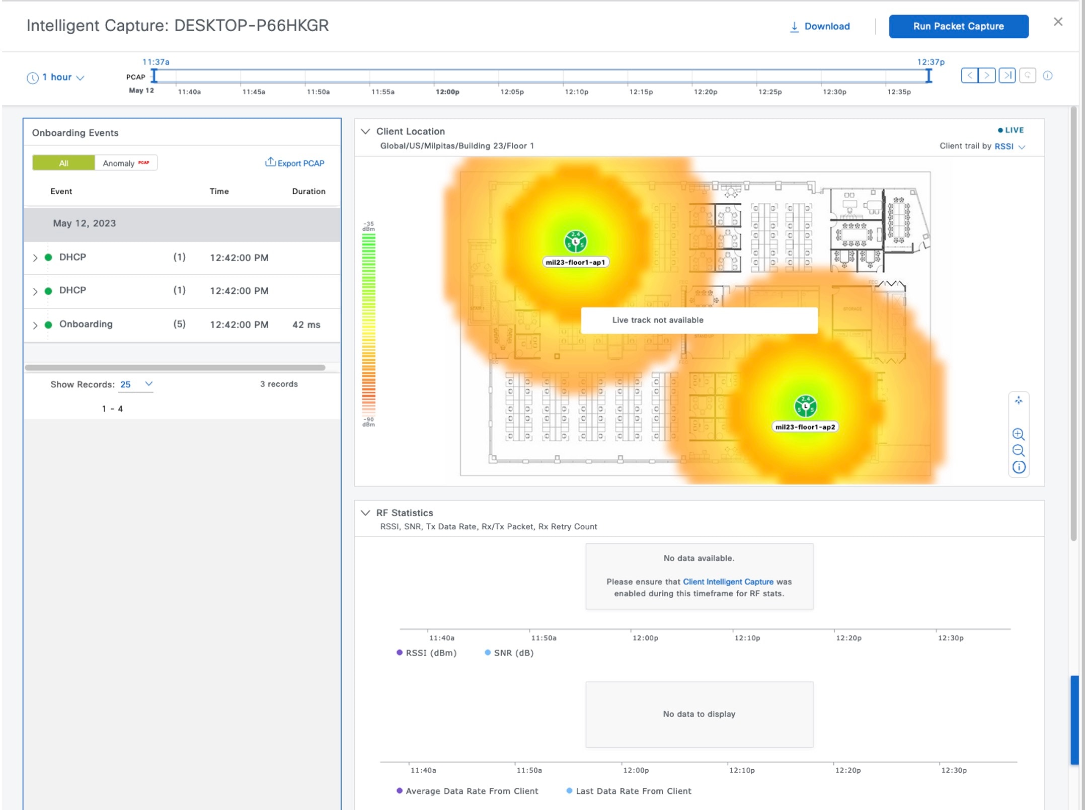 The Intelligent Capture window displays information about onboarding events, client location, and RF statistics.