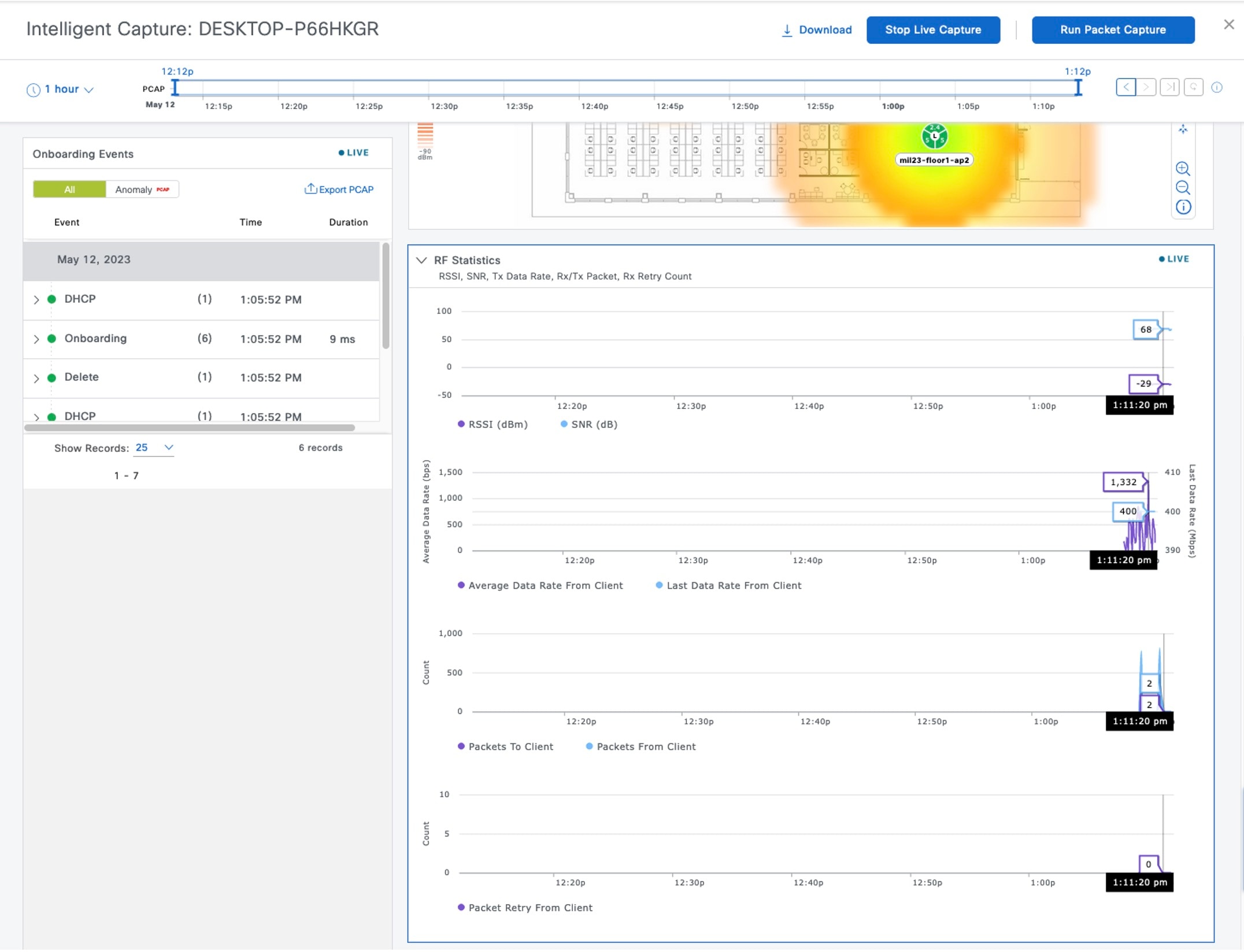 Intelligent Capture window displays live statistics about the client.