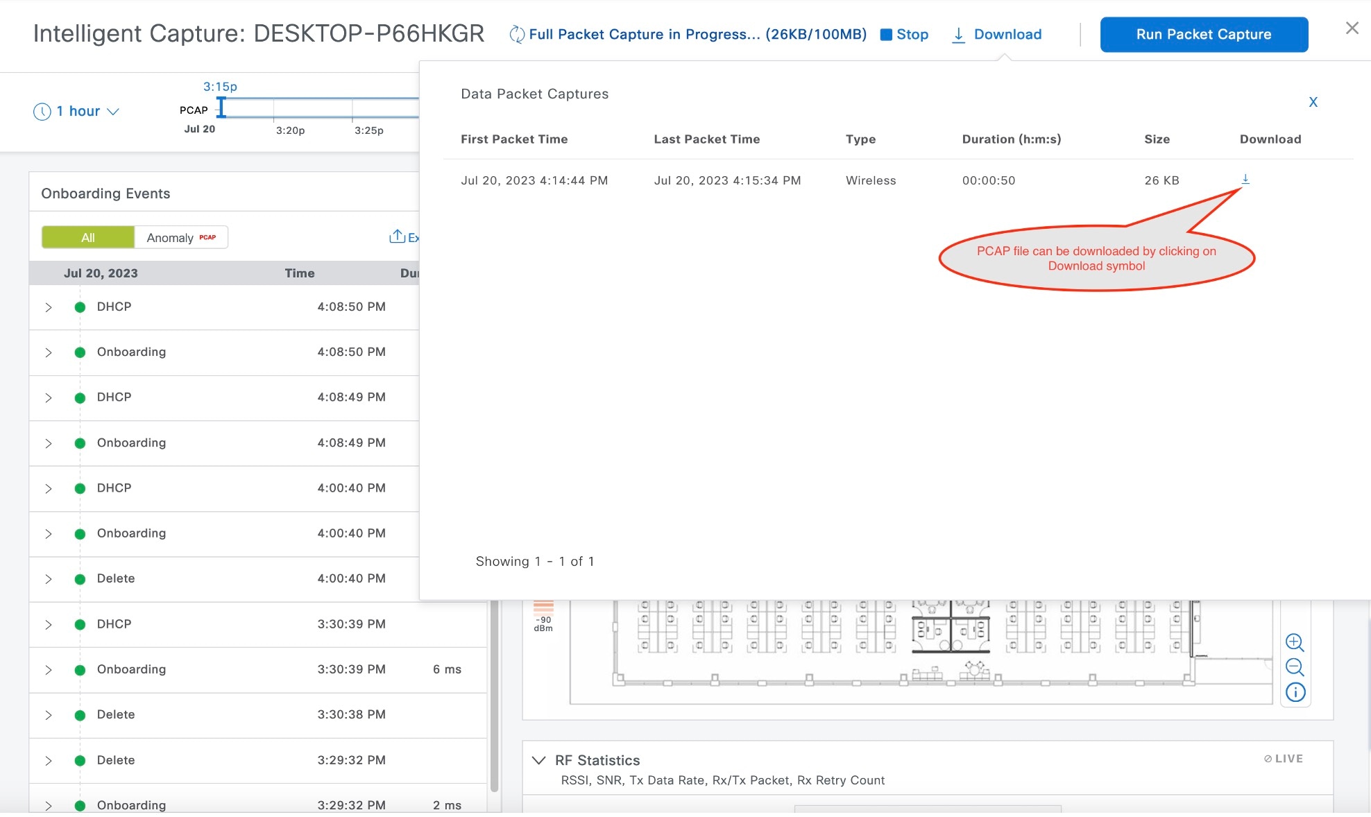 The Data Packet Captures table displays option to download packet capture.