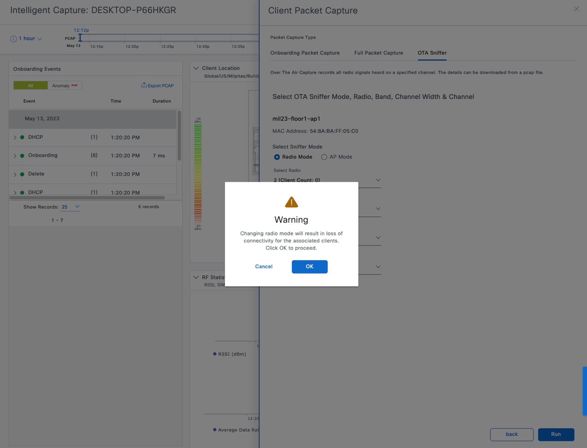 The Warning message states that changing radio mode will result in the loss of connectivity for the associated clients, with the options to cancel or click OK to proceed.
