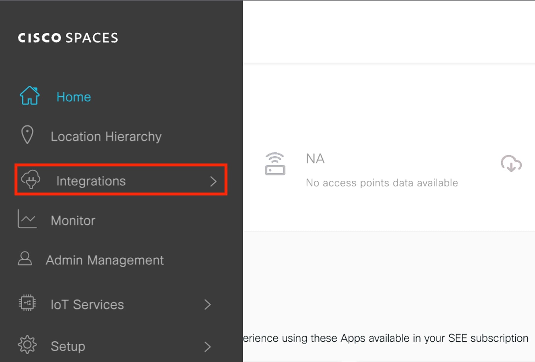 The Cisco Spaces home page displays the Integrations option.