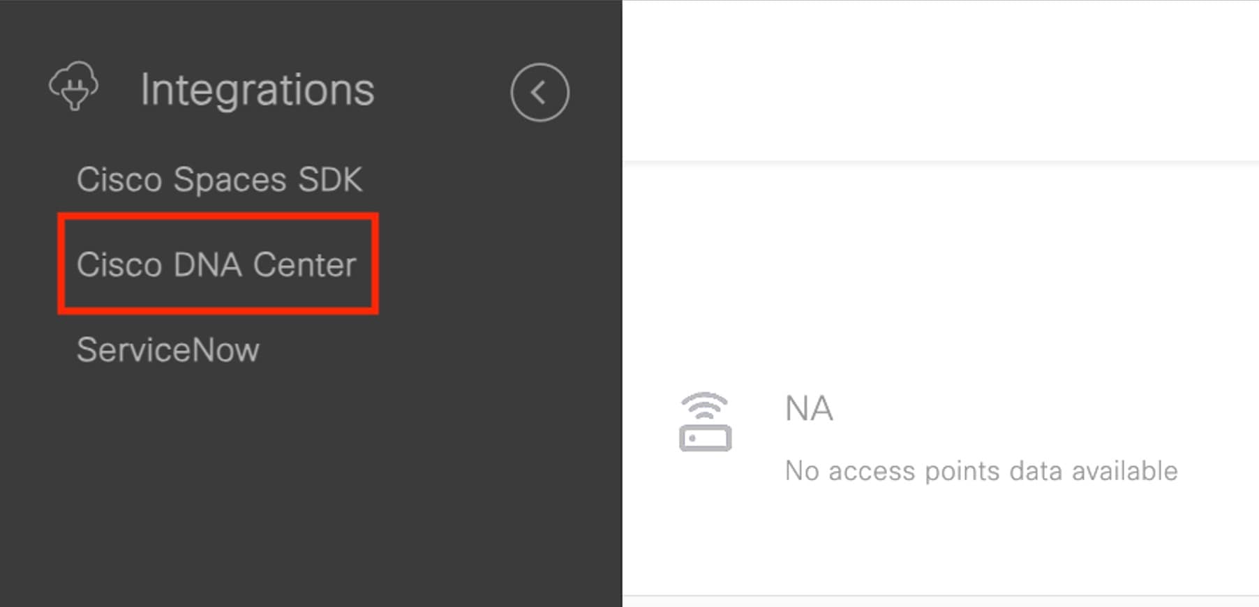 The Integrations section displays the option to integrate Catalyst Center.