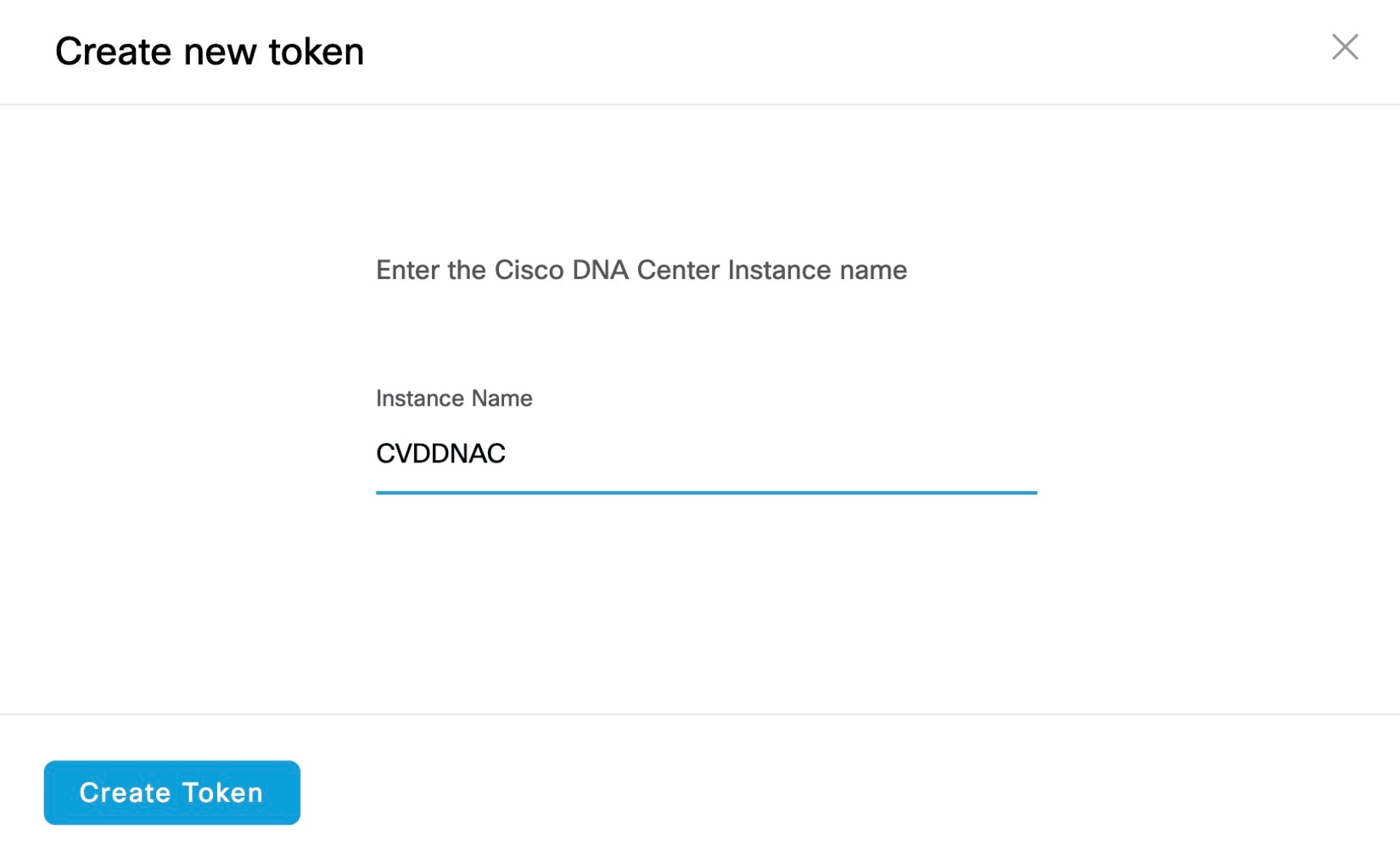 The Create new token window displays the option to add the instance name and create a new token.