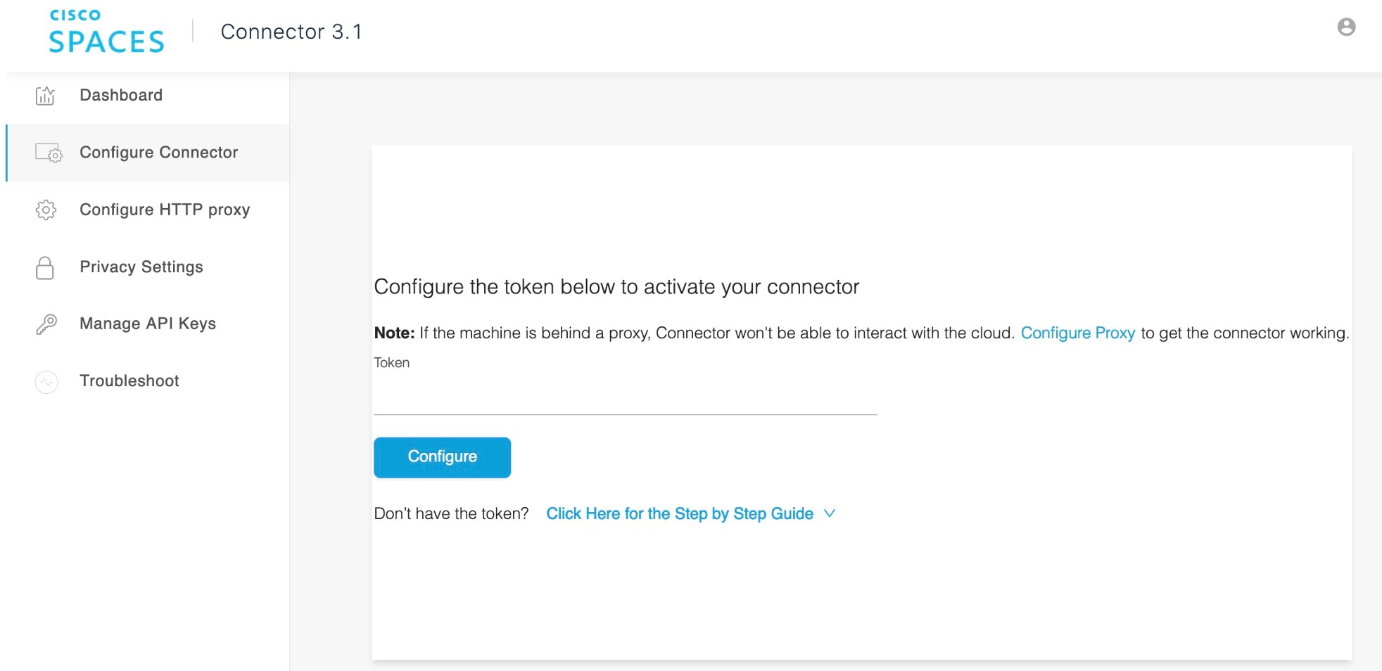 The Configure Connector section displays the option to configure the token to activate the connector.