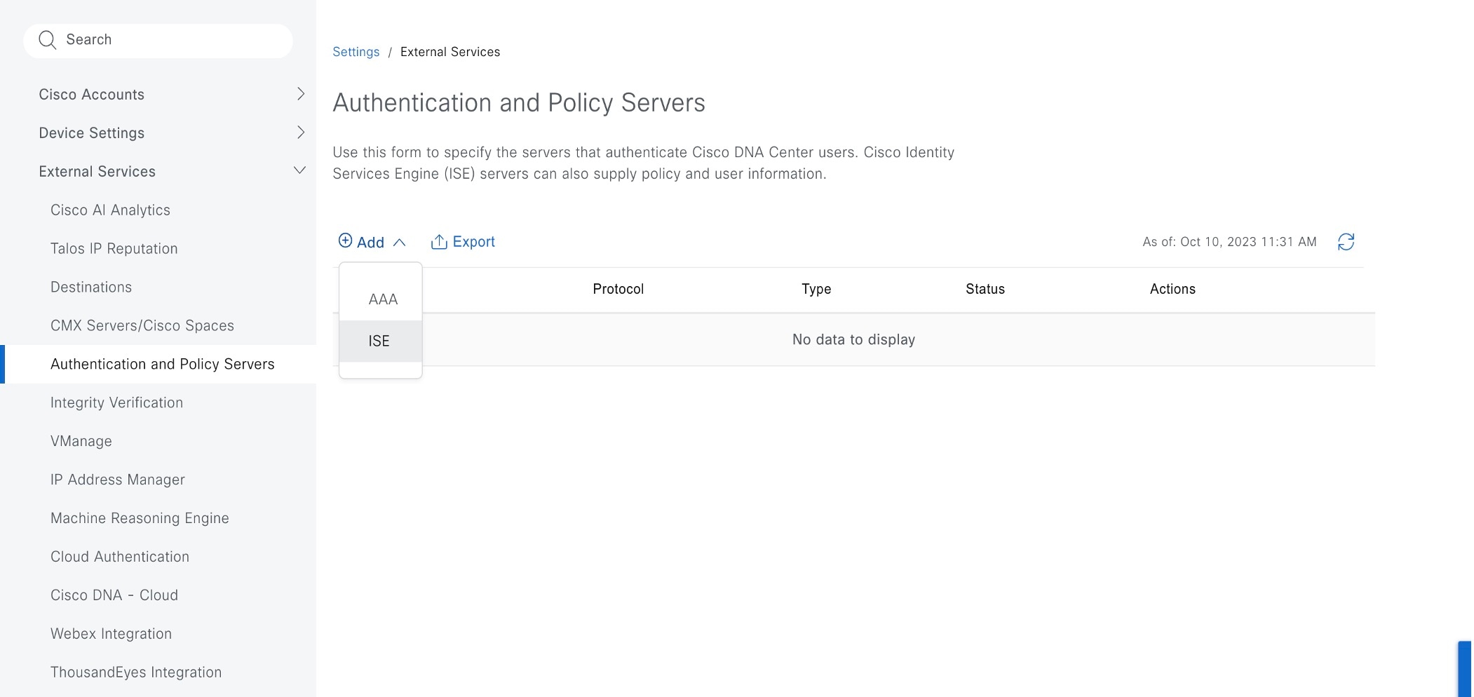 The Authentication and Policy servers page shows the options to add an AAA or ISE server.
