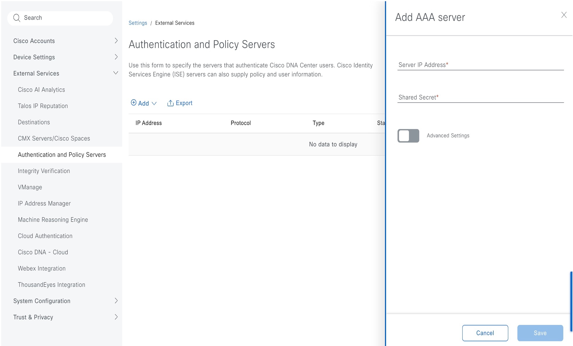 The AAA sever slide-in pane shows the server IP address field, shared secret field, and option to enable advanced settings.