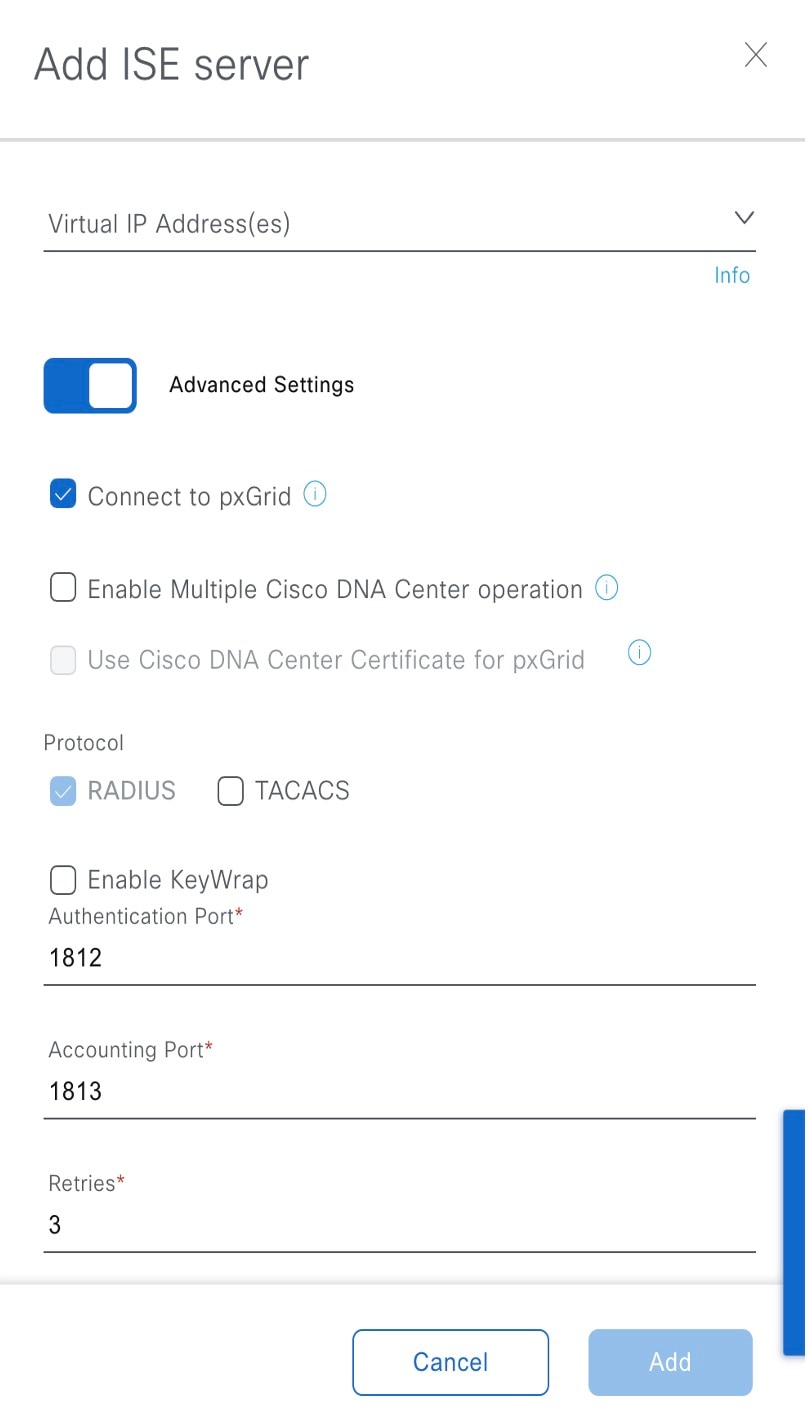 The Add ISE server dialog box shows the configurable settings when adding an ISE server.