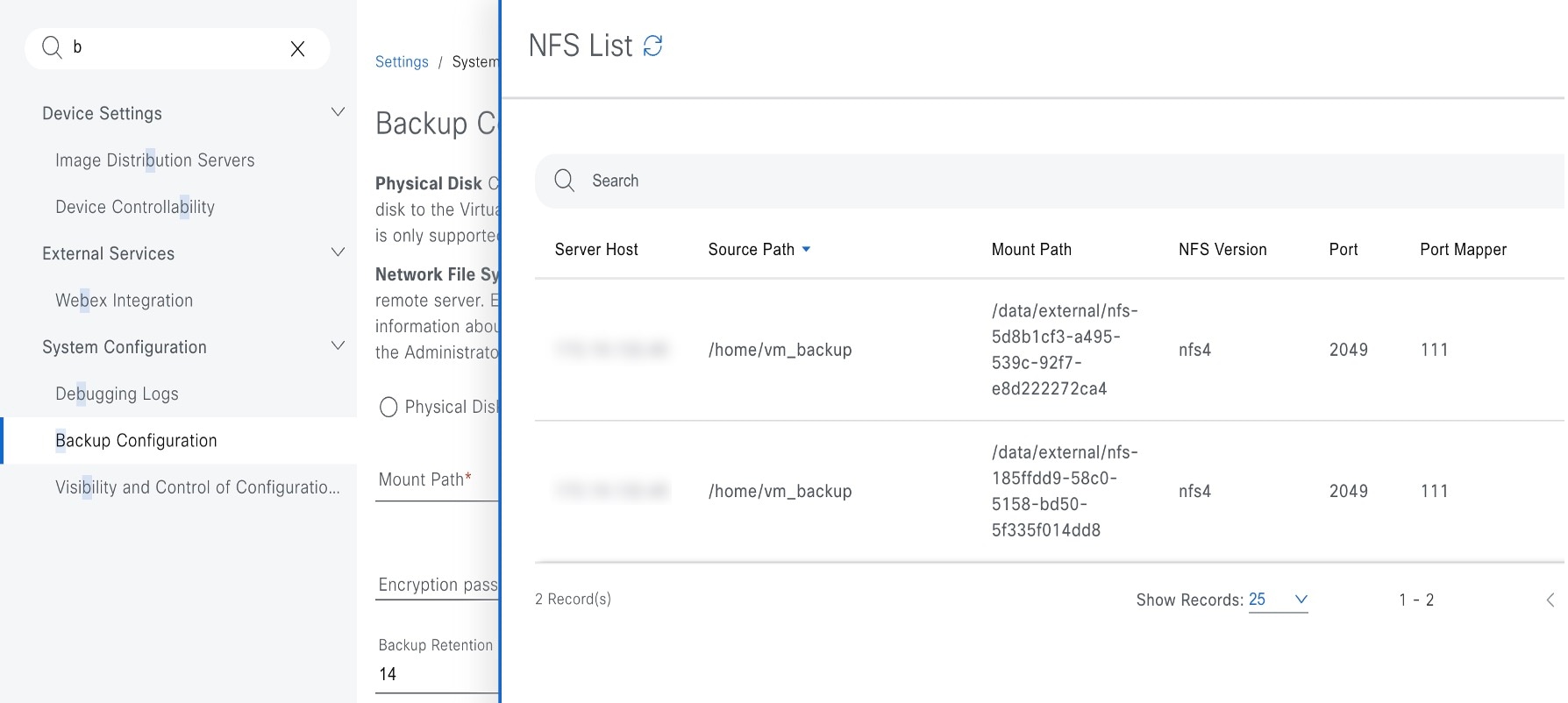 The NFS List shows the following for each NFS server: server host, source path, mount path, NFS version, port, and port mapper.