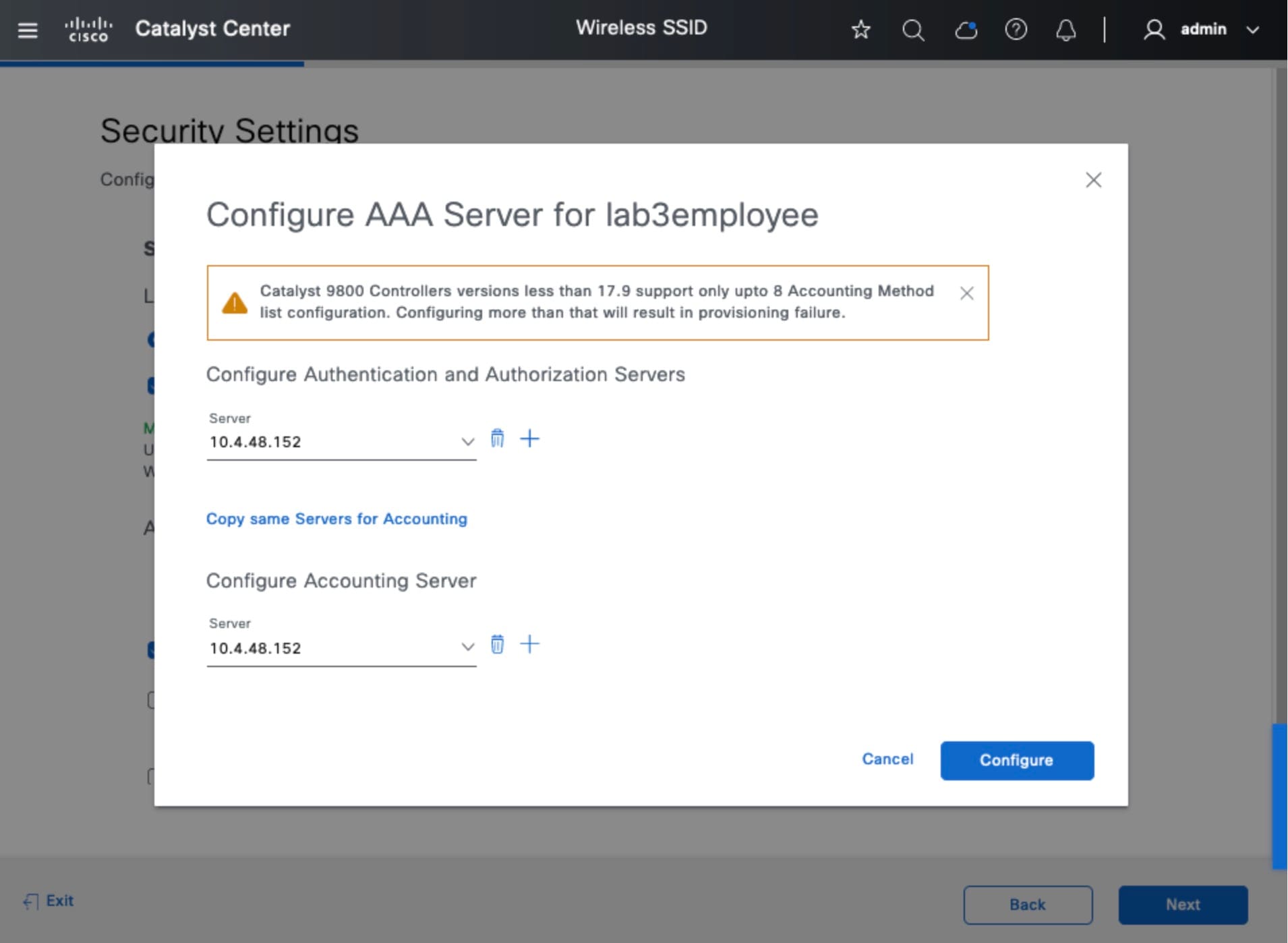 The Configure AAA Server dialog box shows the authentication and authorization server(s) and the accounting server.